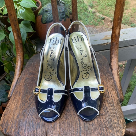 TIBI Navy & White Peep-toe Slingbacks - Picture 3 of 13
